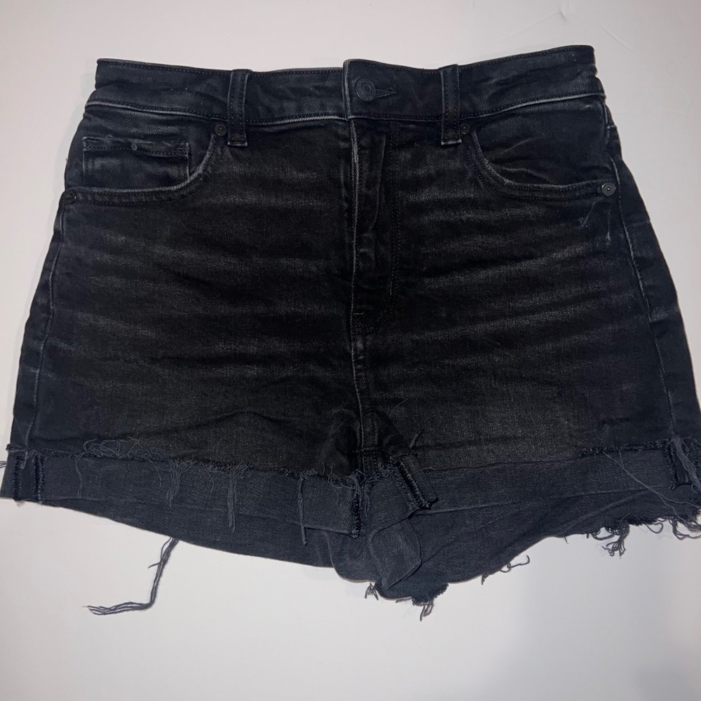 American Eagle Mom Shorts Women‎ 2 Black Excellent High Waisted Raw Hem Stretch